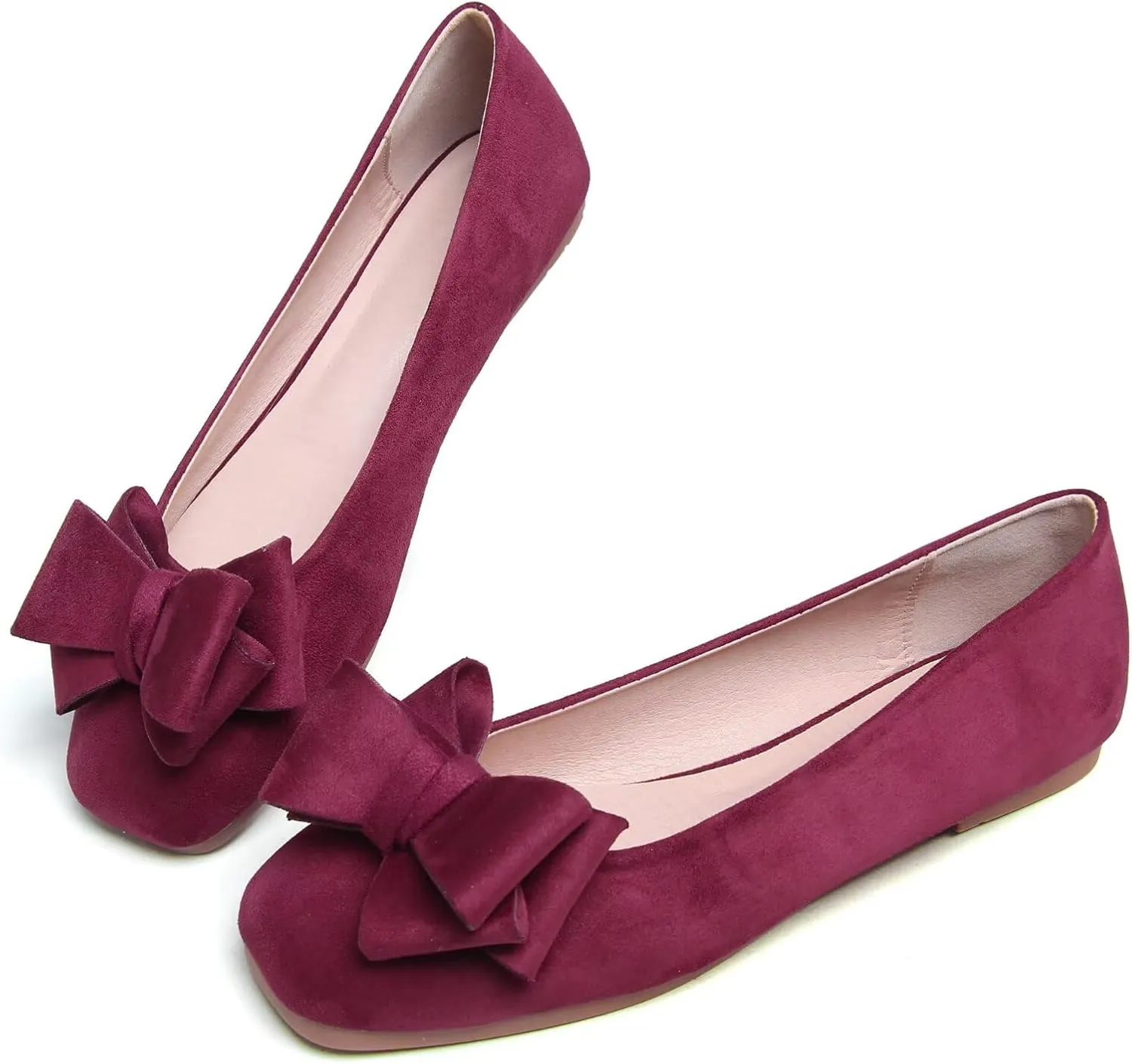 SAILING LU Women's Bow Knot Ballet Flats Square Toe Flat Shoes Suede Dress Shoes Wear to Work Slip On Moccasins