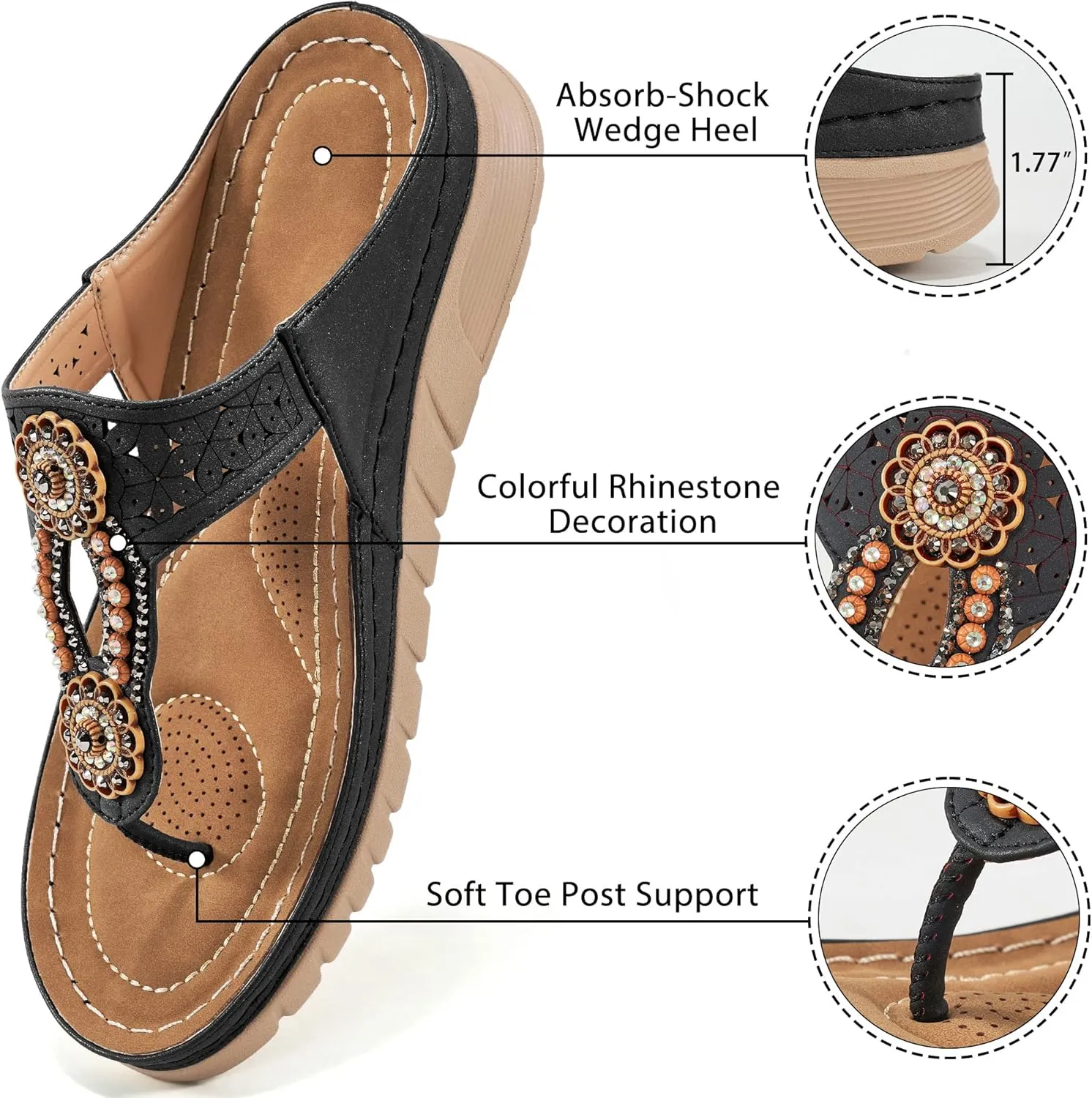 Sandals for Women Wedge Shoes: Casual Summer Comfortable Cushioned FootBed Bohemia Rhinestone Work Womens Flip Flops for Office Travel