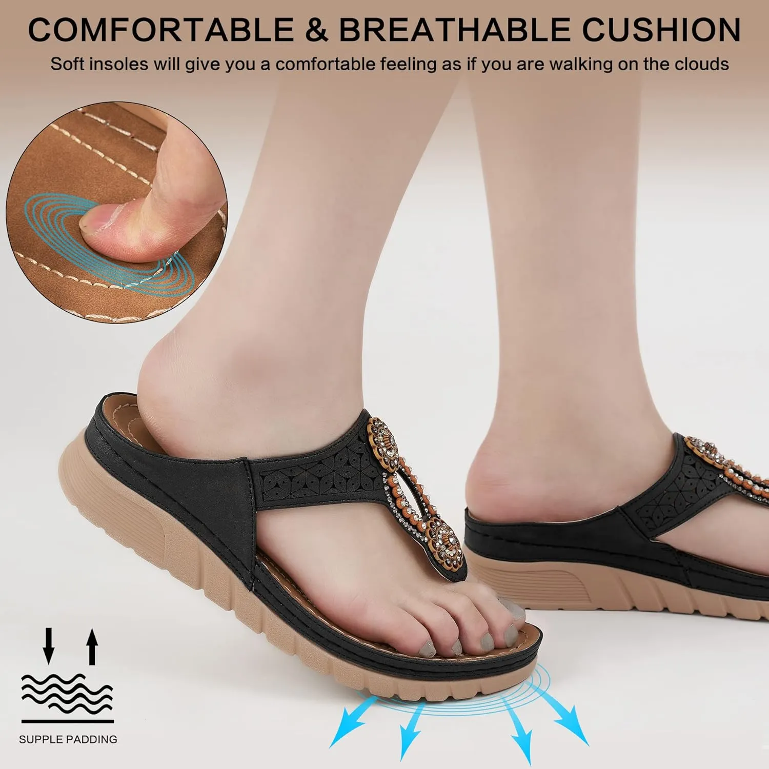 Sandals for Women Wedge Shoes: Casual Summer Comfortable Cushioned FootBed Bohemia Rhinestone Work Womens Flip Flops for Office Travel
