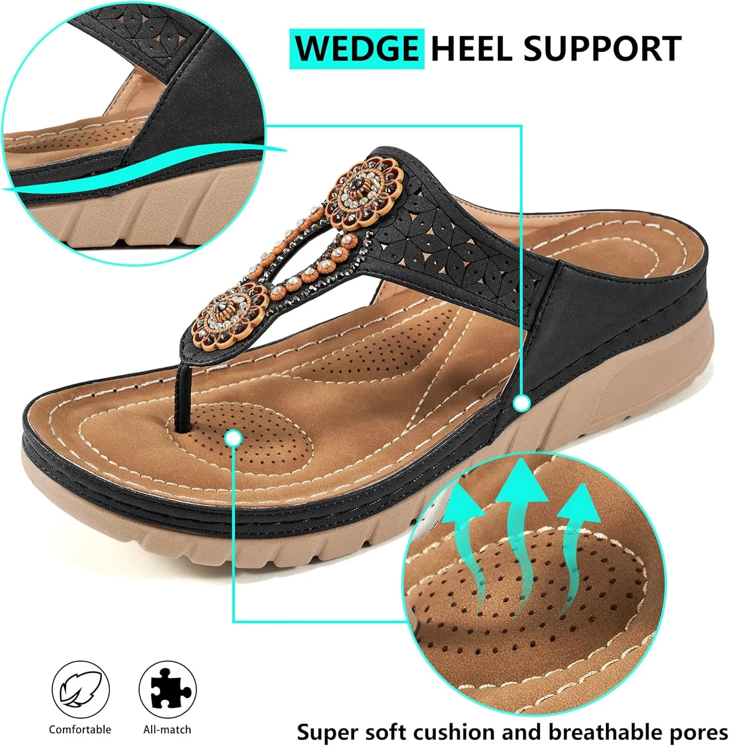 Sandals for Women Wedge Shoes: Casual Summer Comfortable Cushioned FootBed Bohemia Rhinestone Work Womens Flip Flops for Office Travel