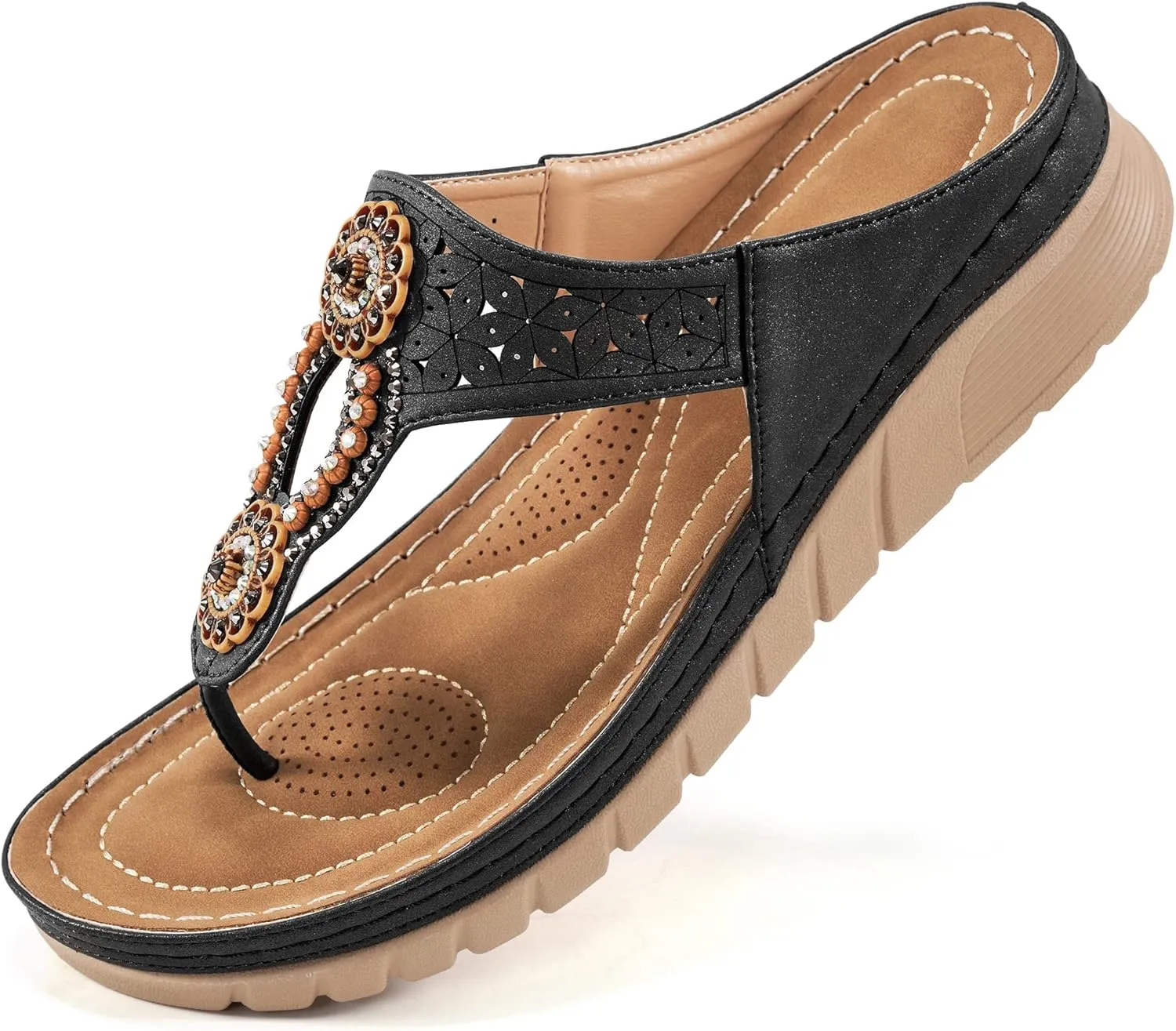 Sandals for Women Wedge Shoes: Casual Summer Comfortable Cushioned FootBed Bohemia Rhinestone Work Womens Flip Flops for Office Travel