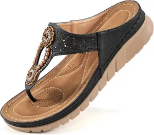 Sandals for Women Wedge Shoes: Casual Summer Comfortable Cushioned FootBed Bohemia Rhinestone Work Womens Flip Flops for Office Travel
