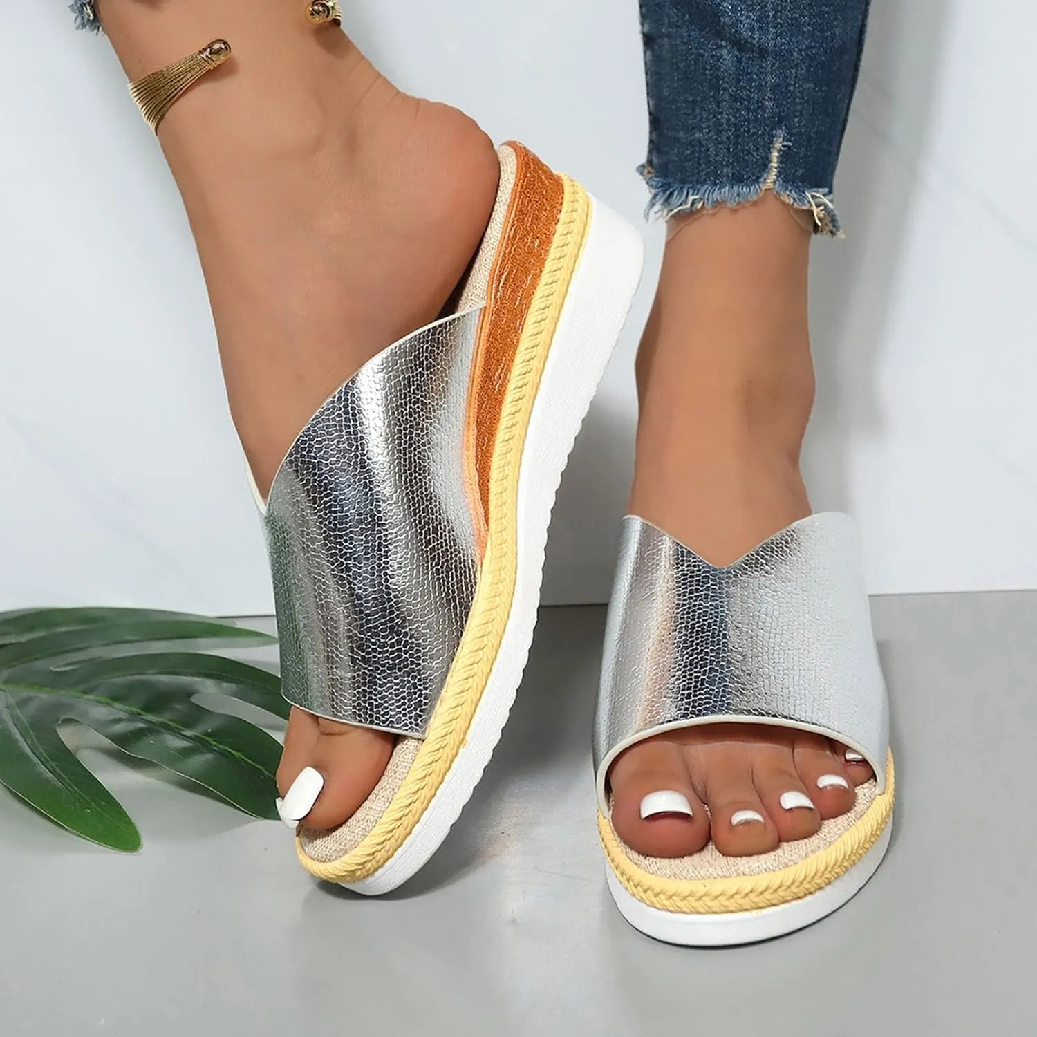 Sandals for Women Wedge Shoes,Fashion Lightweight Arch Support Slippers for Womens Comfy Wedge Orthopedic Sandals Summer Platform Cork Wedges Espadrille Heel Strappy Leather Sandals Dressy Shoes