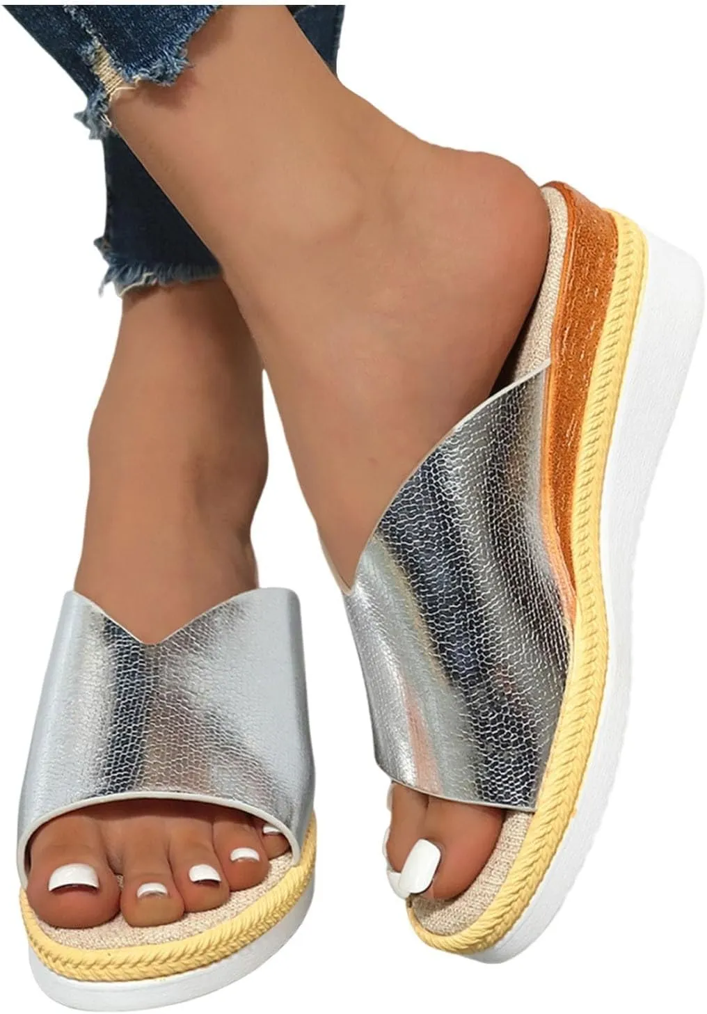 Sandals for Women Wedge Shoes,Fashion Lightweight Arch Support Slippers for Womens Comfy Wedge Orthopedic Sandals Summer Platform Cork Wedges Espadrille Heel Strappy Leather Sandals Dressy Shoes