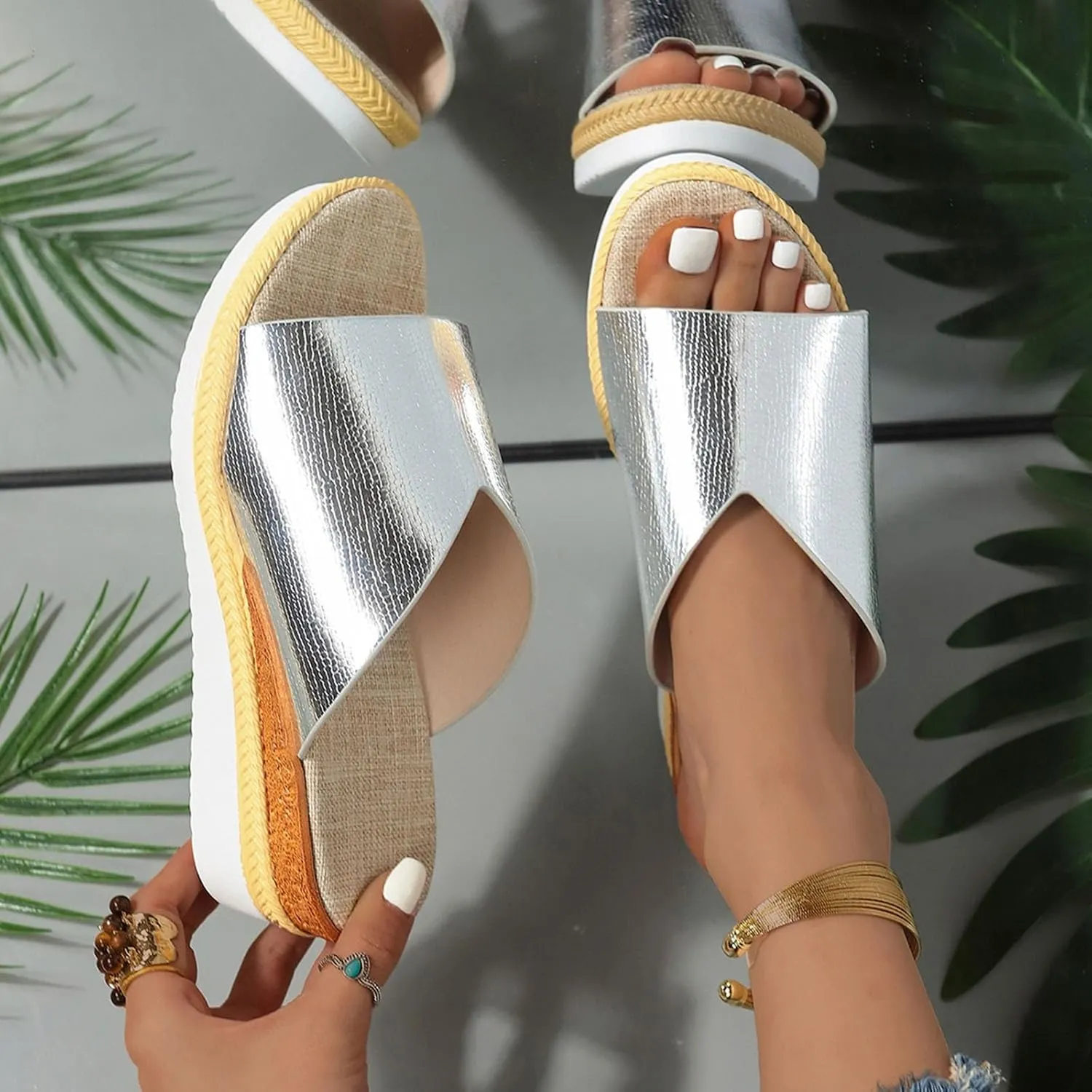 Sandals for Women Wedge Shoes,Fashion Lightweight Arch Support Slippers for Womens Comfy Wedge Orthopedic Sandals Summer Platform Cork Wedges Espadrille Heel Strappy Leather Sandals Dressy Shoes