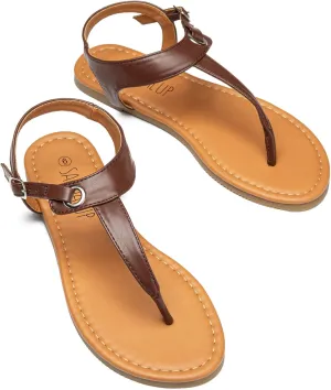 SANDALUP Women's Sandals Thong Flat Sandals Comfortable T-Strap Summer Shoes with Adjustable Ankle Buckle Dressy Sandals