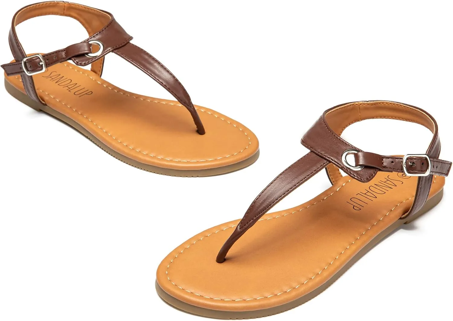 SANDALUP Women's Sandals Thong Flat Sandals Comfortable T-Strap Summer Shoes with Adjustable Ankle Buckle Dressy Sandals