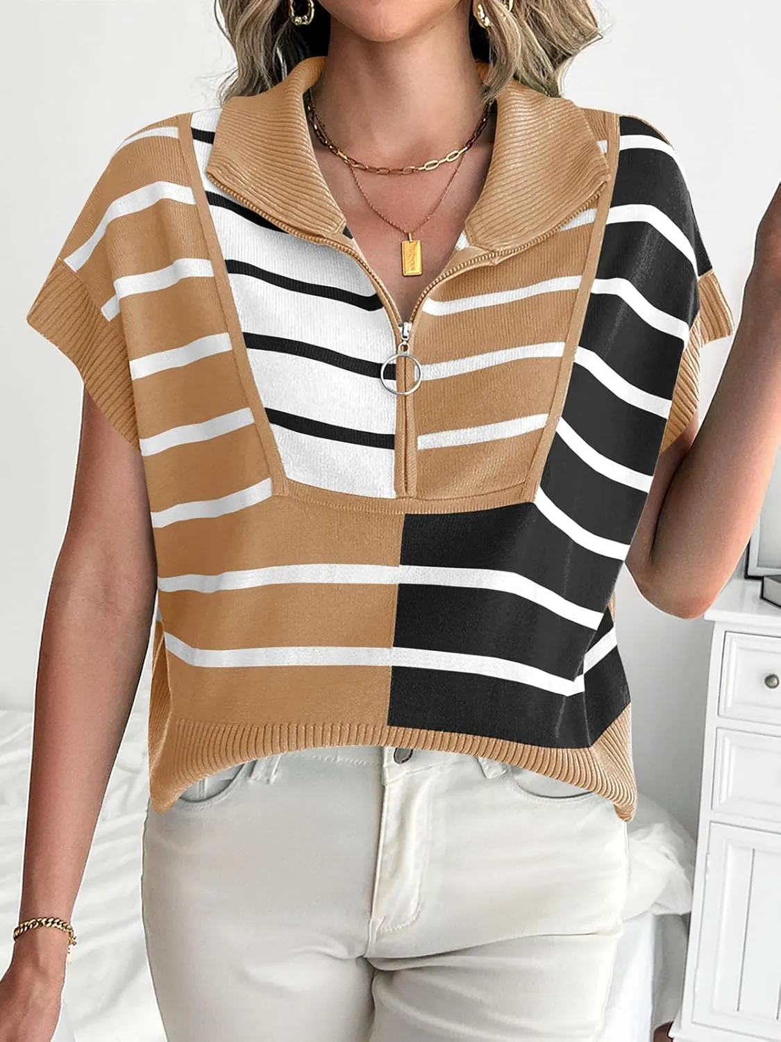 Saodimallsu Womens Sweaters Summer Short Sleeve Shirts 2025 Zip Up Color Block Knit Striped Cropped Tops