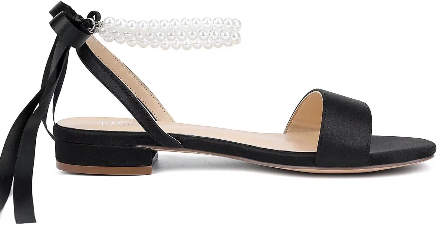 Satin Wedding Flats for Bride Pearl Sandals Open Toe Bridal Shoes Flat Wedding Shoes for Bride
