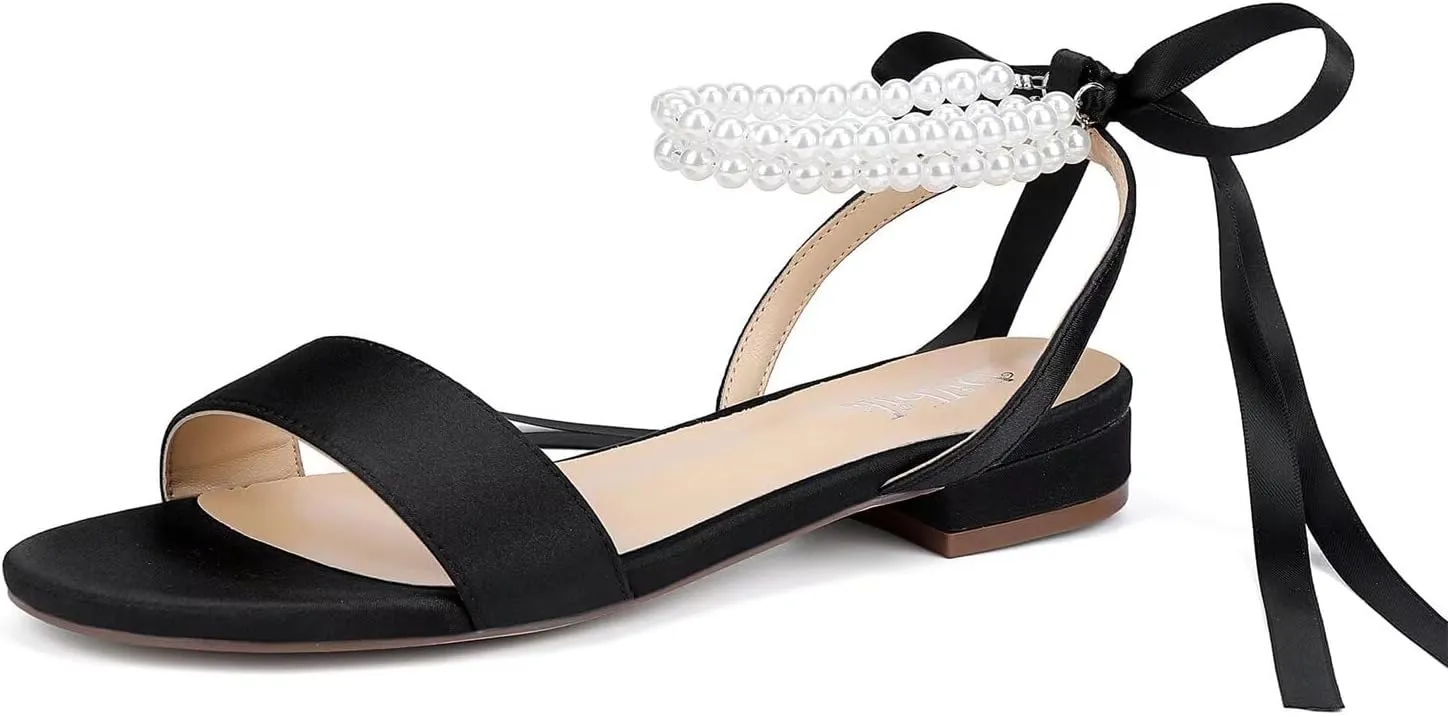 Satin Wedding Flats for Bride Pearl Sandals Open Toe Bridal Shoes Flat Wedding Shoes for Bride