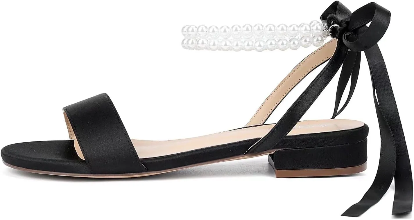 Satin Wedding Flats for Bride Pearl Sandals Open Toe Bridal Shoes Flat Wedding Shoes for Bride