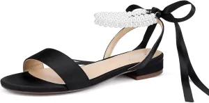 Satin Wedding Flats for Bride Pearl Sandals Open Toe Bridal Shoes Flat Wedding Shoes for Bride