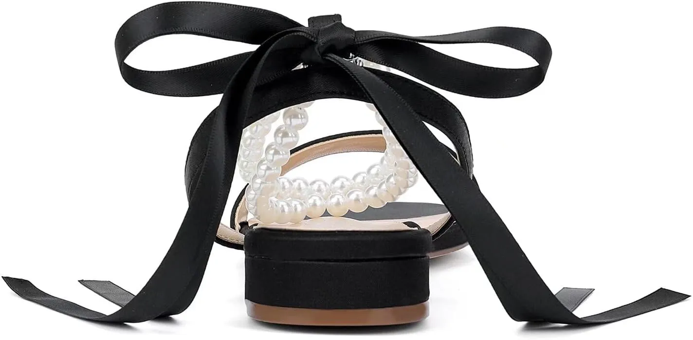 Satin Wedding Flats for Bride Pearl Sandals Open Toe Bridal Shoes Flat Wedding Shoes for Bride