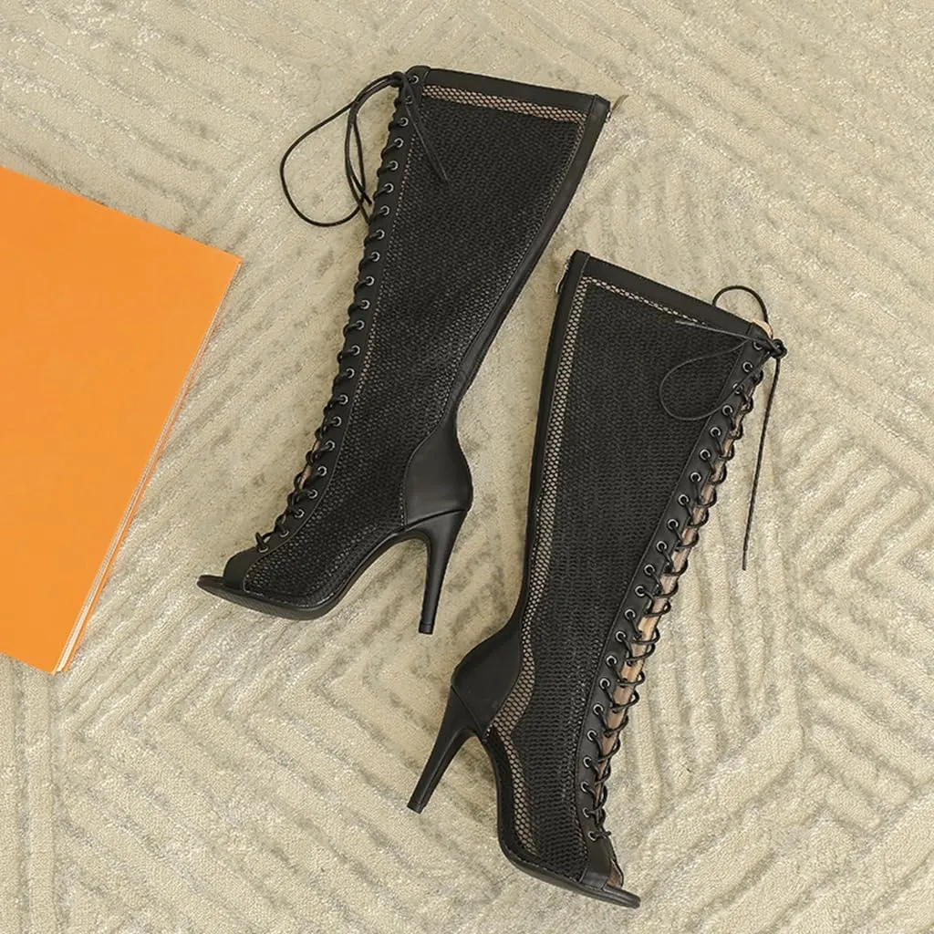 Sexy Knee High Boots Sandals For Womens Peep Toe Lace Up Stilettos High Heels Gladiator Dressy Heeled Sandal