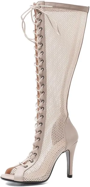 Sexy Knee High Boots Sandals For Womens Peep Toe Lace Up Stilettos High Heels Gladiator Dressy Heeled Sandal