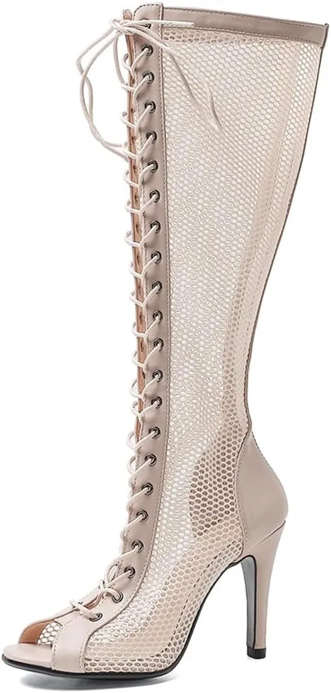 Sexy Knee High Boots Sandals For Womens Peep Toe Lace Up Stilettos High Heels Gladiator Dressy Heeled Sandal