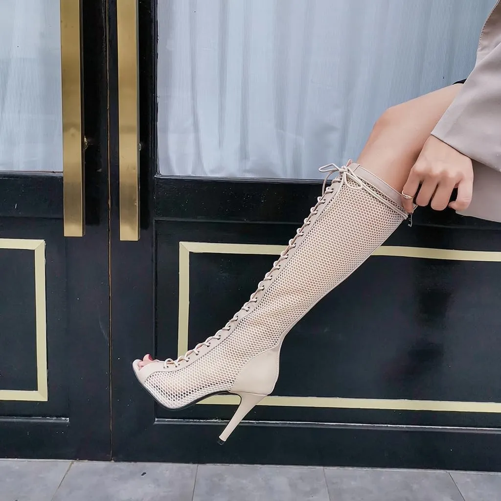 Sexy Knee High Boots Sandals For Womens Peep Toe Lace Up Stilettos High Heels Gladiator Dressy Heeled Sandal