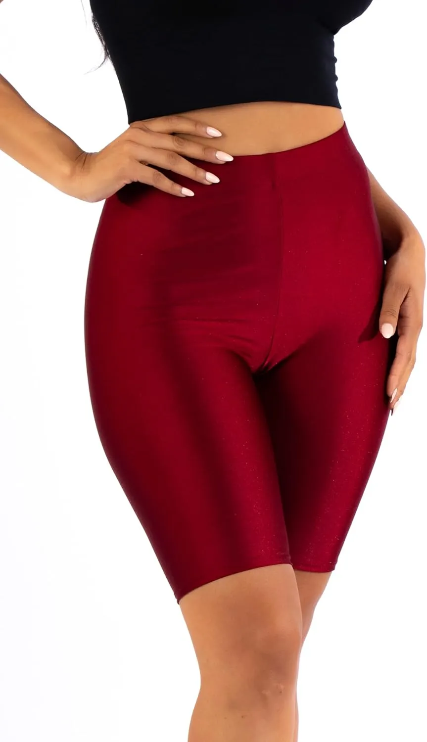 Shiny Biker Shorts Colorful Knee Length High Waist Active Slip Shorts Boy Shorts Dance Yoga Running Lounge