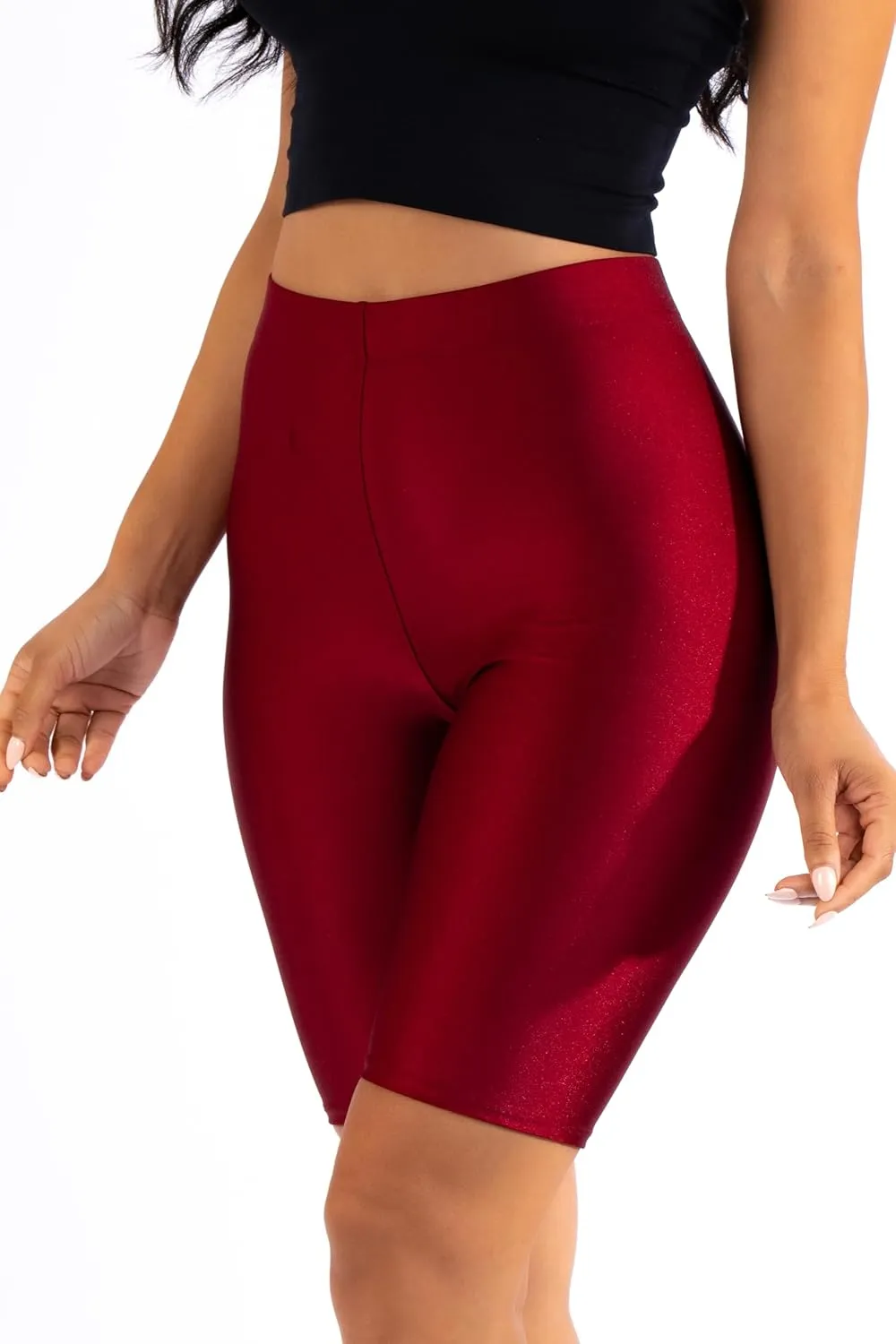 Shiny Biker Shorts Colorful Knee Length High Waist Active Slip Shorts Boy Shorts Dance Yoga Running Lounge