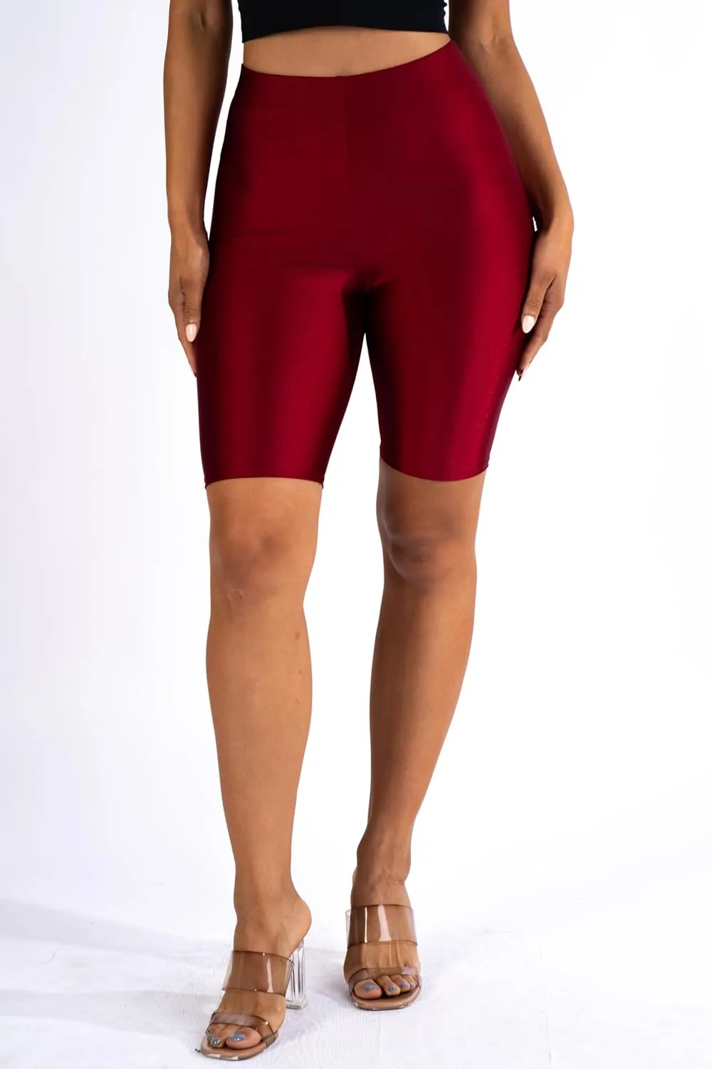 Shiny Biker Shorts Colorful Knee Length High Waist Active Slip Shorts Boy Shorts Dance Yoga Running Lounge