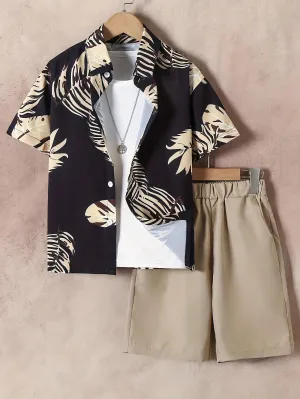 Shirt tropical| Boy Tropical Plant Print Short Sleeve Casual Shirt