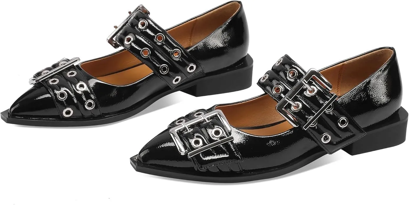 Slingback Flats Cloud Shoes for Women,Ballerinas Buckle Ballet Flats for Women，Pointed Toe Wide Welt Squared Block Heel Dress Shoes