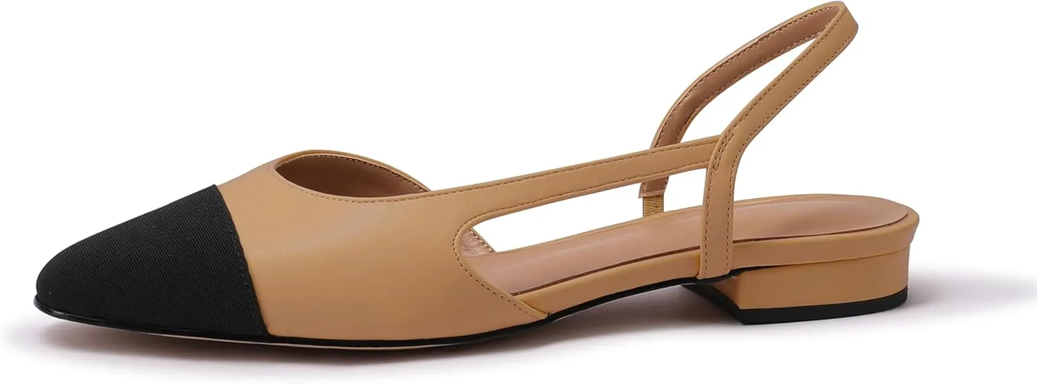 Slingback Flats for Women Sling Back Shoes Closed Toe Two Tone Low Heel Pumps Dressy Work Office Dress Shoes