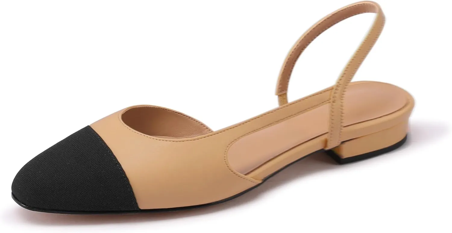 Slingback Flats for Women Sling Back Shoes Closed Toe Two Tone Low Heel Pumps Dressy Work Office Dress Shoes
