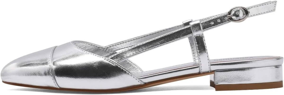Slingback Flats for Women Two Toned Double Strap Block Low Heel Flats Classic Womens Sandals Comfortable Dressy