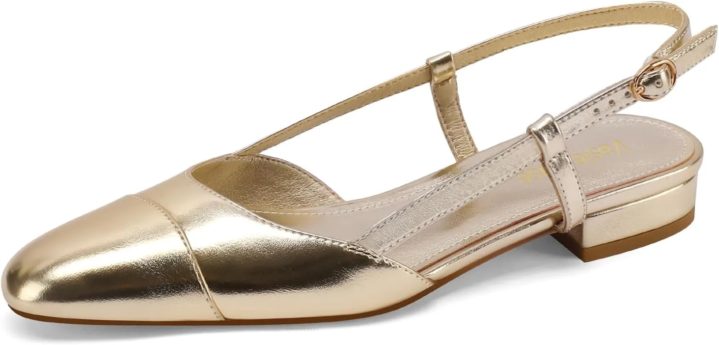Slingback Flats for Women Two Toned Double Strap Block Low Heel Flats Classic Womens Sandals Comfortable Dressy
