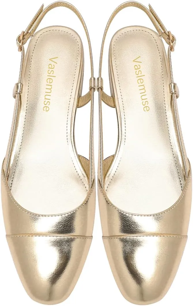 Slingback Flats for Women Two Toned Double Strap Block Low Heel Flats Classic Womens Sandals Comfortable Dressy