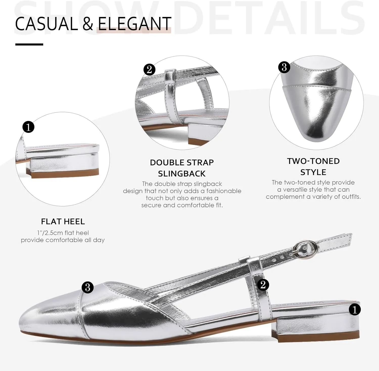 Slingback Flats for Women Two Toned Double Strap Block Low Heel Flats Classic Womens Sandals Comfortable Dressy