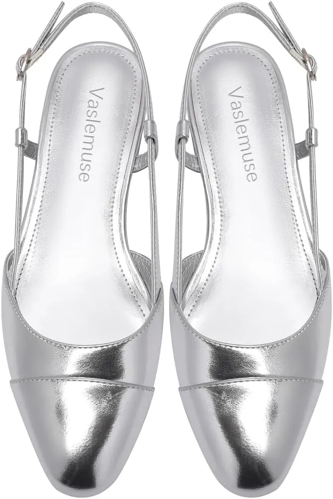 Slingback Flats for Women Two Toned Double Strap Block Low Heel Flats Classic Womens Sandals Comfortable Dressy