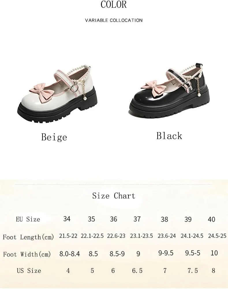 Slingback Mary Jane Heels Platform Chunky Block Shoe Pearl Ankle Strap Cute Bow Lolita Pumps Oxford Shoes for Girl