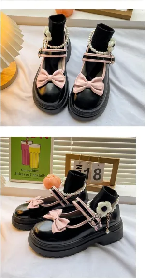 Slingback Mary Jane Heels Platform Chunky Block Shoe Pearl Ankle Strap Cute Bow Lolita Pumps Oxford Shoes for Girl