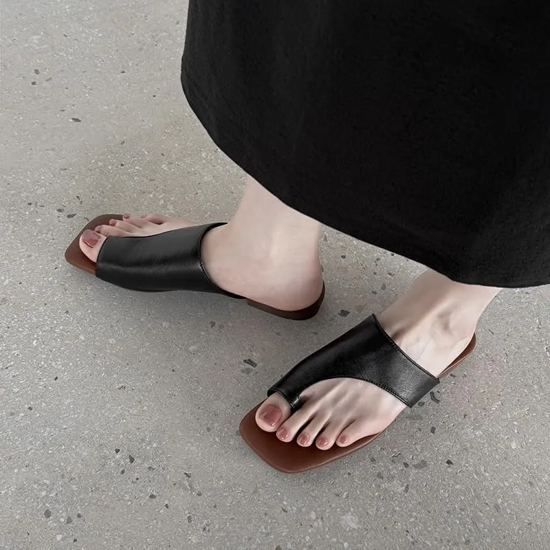 Split Toe Strap Leather Ladies Cute Slides Outdoor Travel Dressy Flats Comfortable Walking Casual Summer Sandals for Women Fashion Footwear