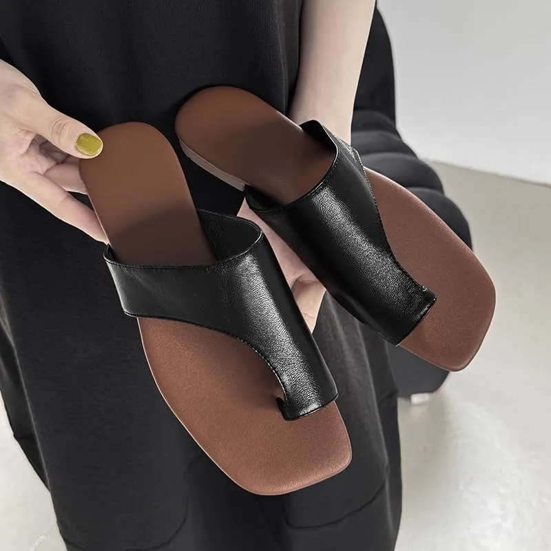 Split Toe Strap Leather Ladies Cute Slides Outdoor Travel Dressy Flats Comfortable Walking Casual Summer Sandals for Women Fashion Footwear