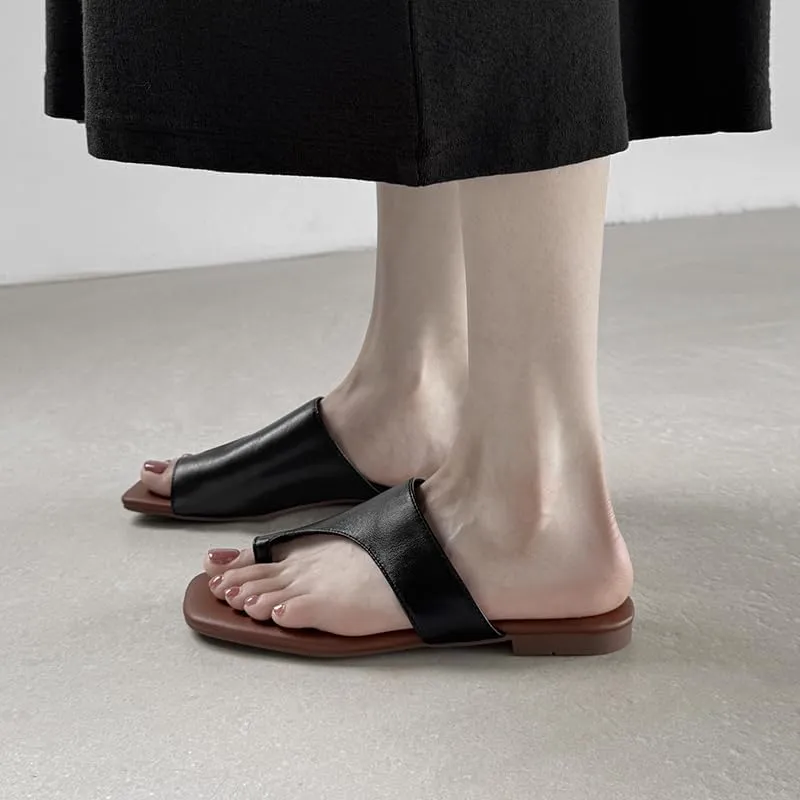 Split Toe Strap Leather Ladies Cute Slides Outdoor Travel Dressy Flats Comfortable Walking Casual Summer Sandals for Women Fashion Footwear