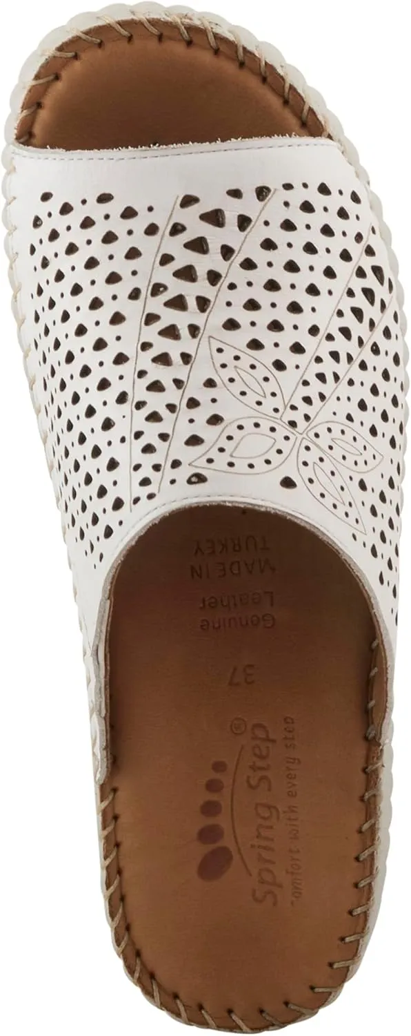 Spring Step Women's RHYDIAN Slip-On Leather Wedge Sandals – Perforated Flower Design, Cushioned Footbed, Made in Turkey