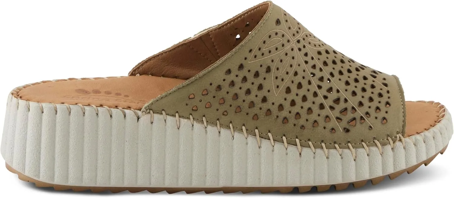 Spring Step Women's RHYDIAN Slip-On Leather Wedge Sandals – Perforated Flower Design, Cushioned Footbed, Made in Turkey