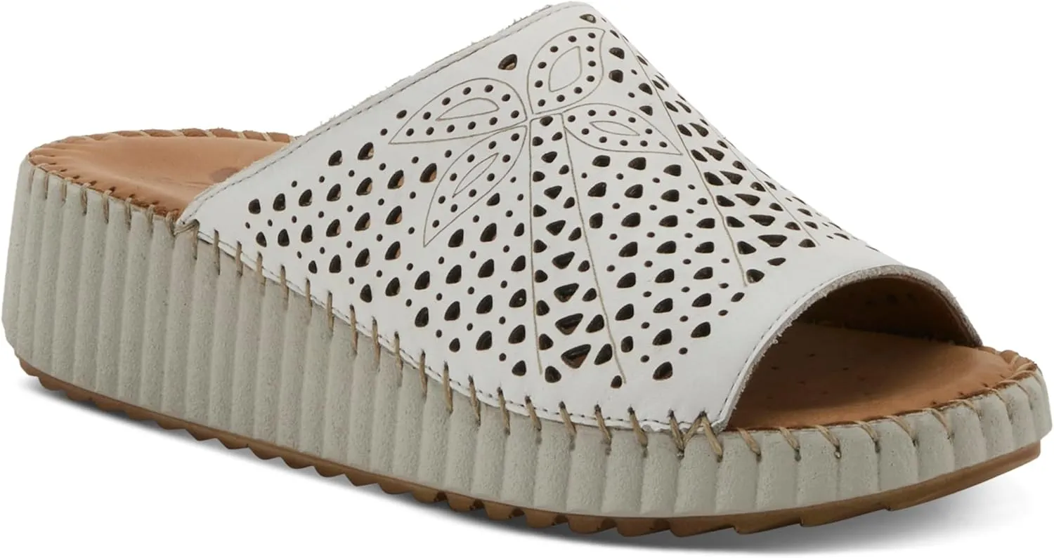 Spring Step Women's RHYDIAN Slip-On Leather Wedge Sandals – Perforated Flower Design, Cushioned Footbed, Made in Turkey