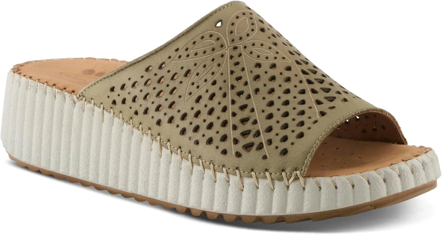 Spring Step Women's RHYDIAN Slip-On Leather Wedge Sandals – Perforated Flower Design, Cushioned Footbed, Made in Turkey