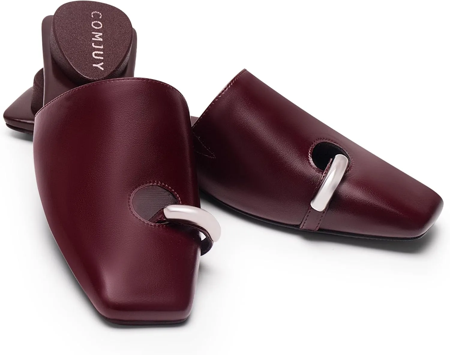Square Toe Mule Sandals for Women Slip On Kitten Heels with Inverted Heel Cushioned Footbed Toe Ring Clog Slides Low Heel Faux Leather