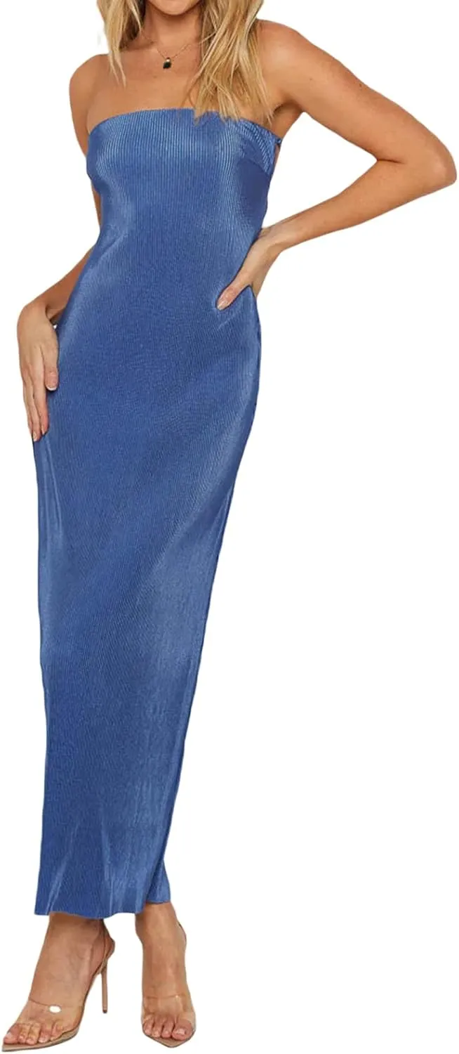 Strapless Tube Top Long Dresses for Women Backless Sleeveless Off Shoulder Bodycon Maxi Bandeau Dress Party Clubwear