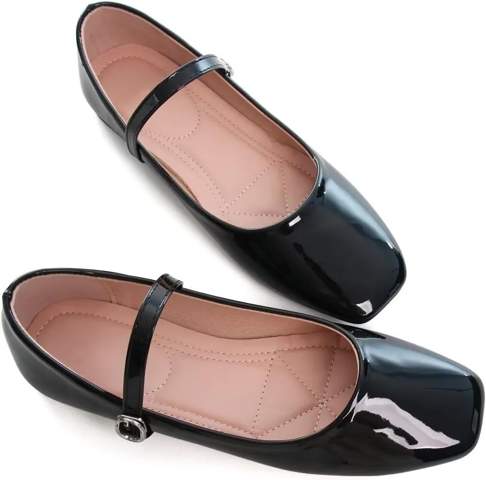 Stunner Mary Jane Square Toe Black Ballet Flats for Women - Comfortable Ankle Strap Casual Slip On Flats