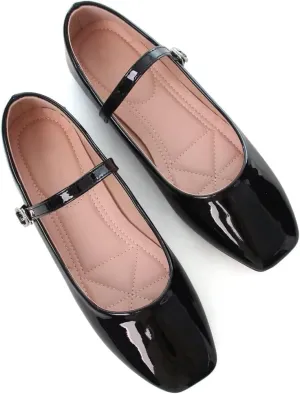 Stunner Mary Jane Square Toe Black Ballet Flats for Women - Comfortable Ankle Strap Casual Slip On Flats