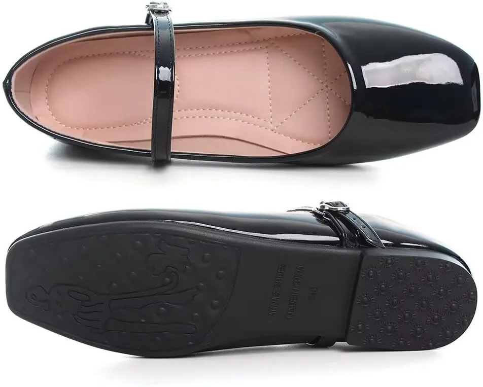Stunner Mary Jane Square Toe Black Ballet Flats for Women - Comfortable Ankle Strap Casual Slip On Flats