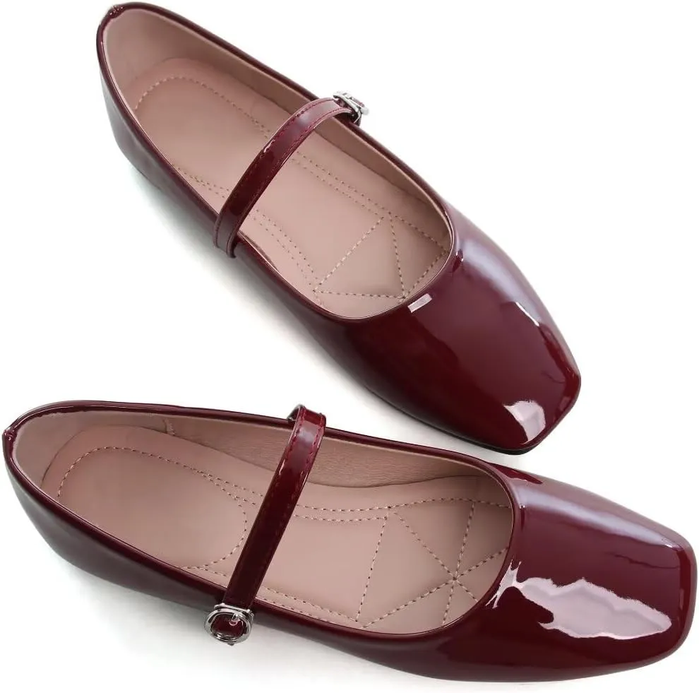 Stunner Mary Jane Square Toe Black Ballet Flats for Women - Comfortable Ankle Strap Casual Slip On Flats