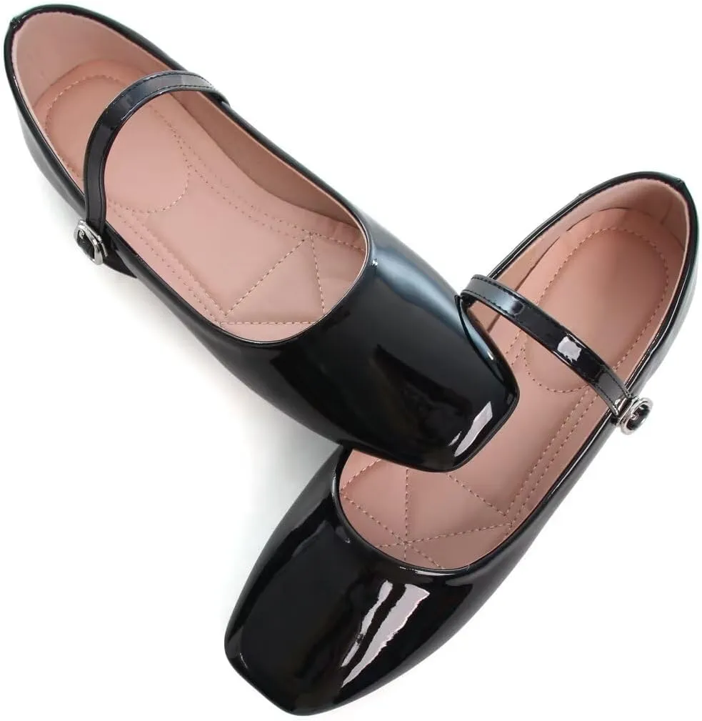 Stunner Mary Jane Square Toe Black Ballet Flats for Women - Comfortable Ankle Strap Casual Slip On Flats