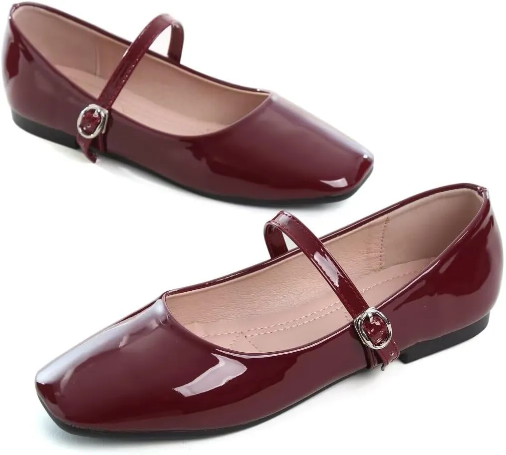 Stunner Mary Jane Square Toe Black Ballet Flats for Women - Comfortable Ankle Strap Casual Slip On Flats